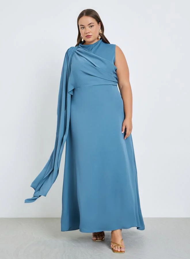 Styli Plus Size Blue Pleated A-Line Maxi Dress
